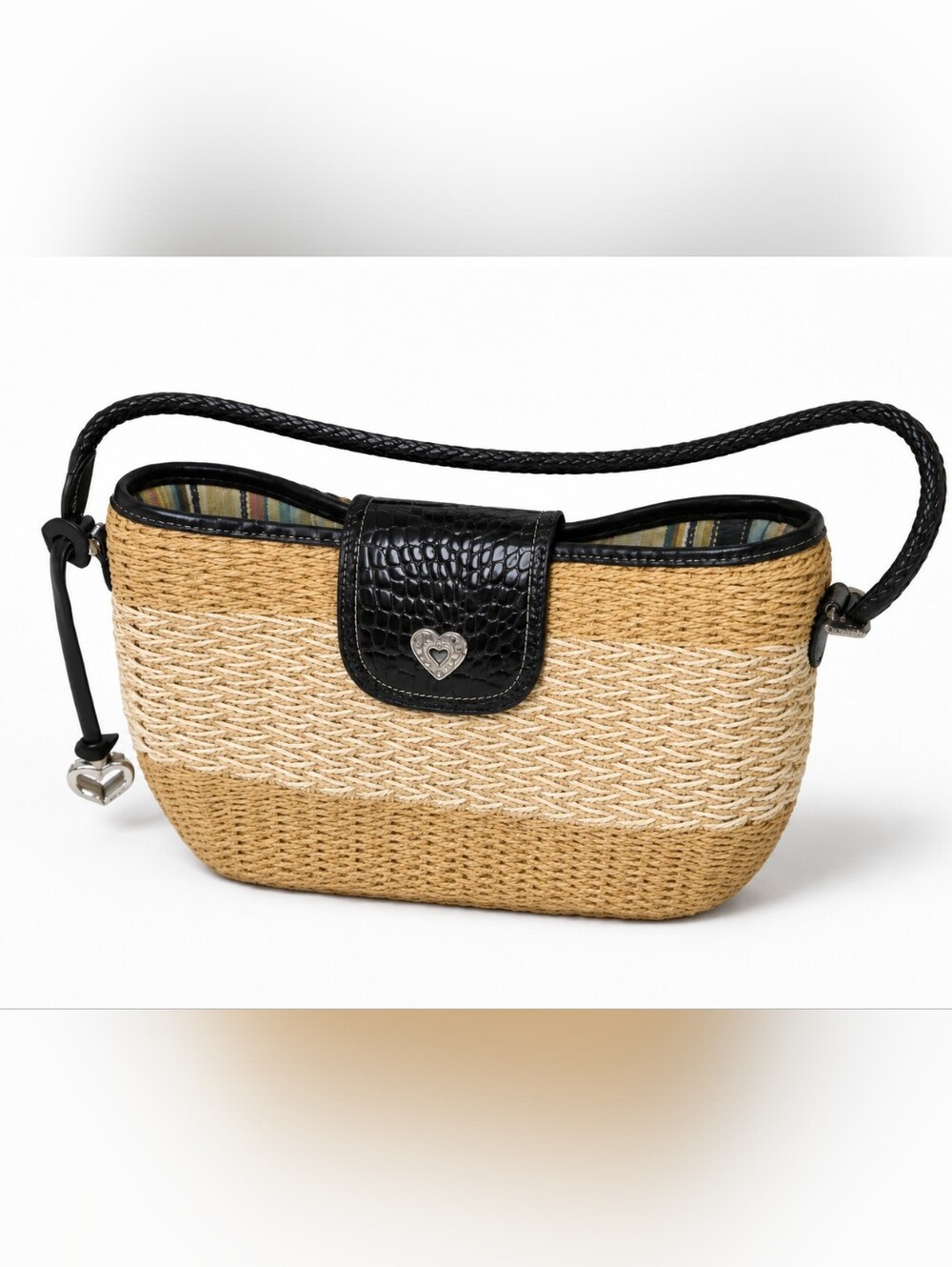 Brighton beige woven straw shoulder Bag ‎ black leather trim and a signature